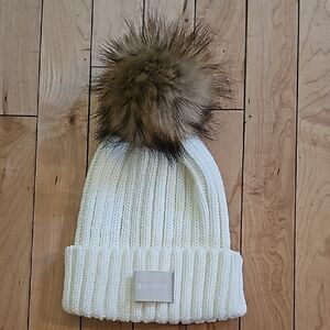 Calvin Klein Cream/White Knit Beanie with Faux Fur Pom